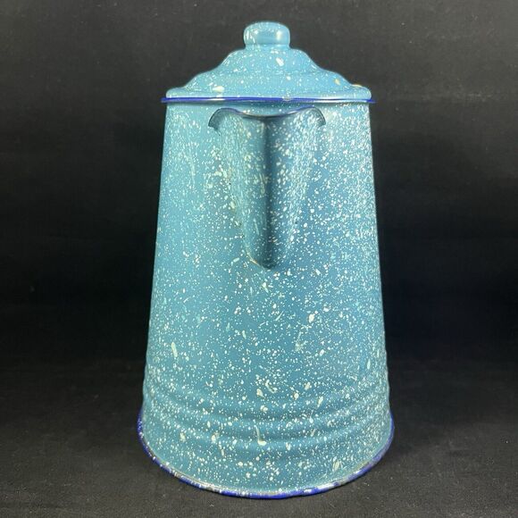 Vintage Blue Spatter Enamelware Coffee Pot Rustic Farmhouse Vase - Picture 4 of 10